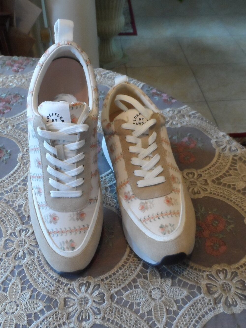 New Loeffler Randall Beige Floral Print Canvas & Suede Sneakers Size 8M